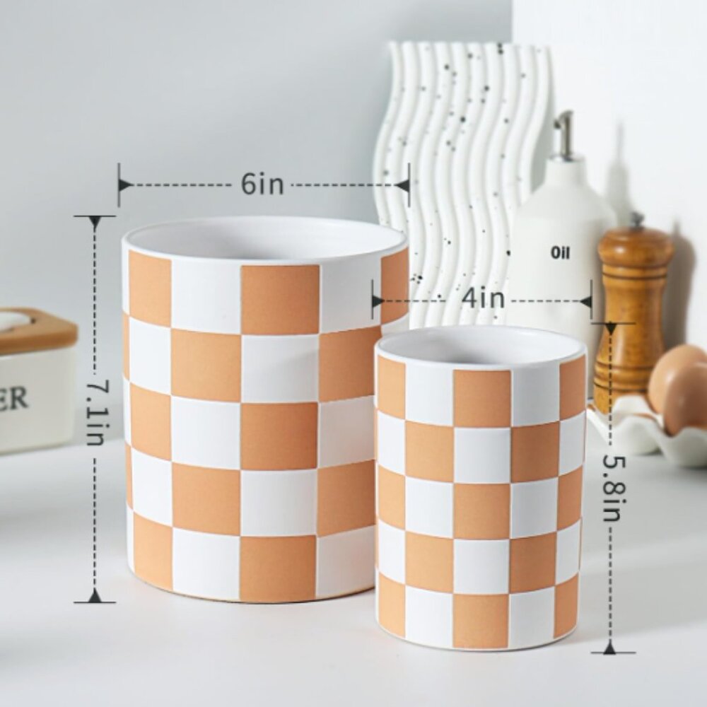 🪷Ceramic Terracotta Brown & White Checkered Utensil Holders, Vases, Set of Two - Picture 2 of 5